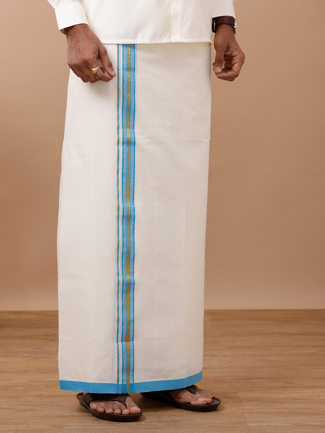 Men Kora Double Dhoti Blue Terra Kora Gold Fancy