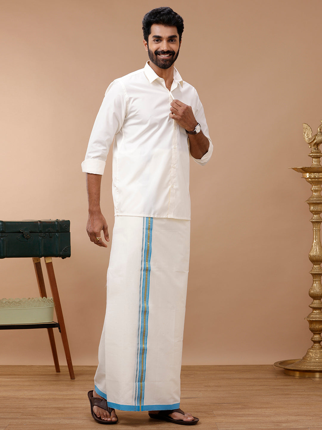 Mens Kora Double Dhoti Blue Terra Kora Gold Fancy