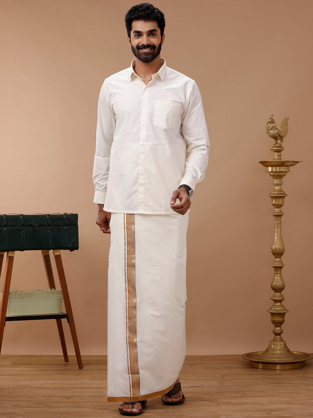 Mens Kora Double Dhoti Mustard Terra Kora Silver Fancy