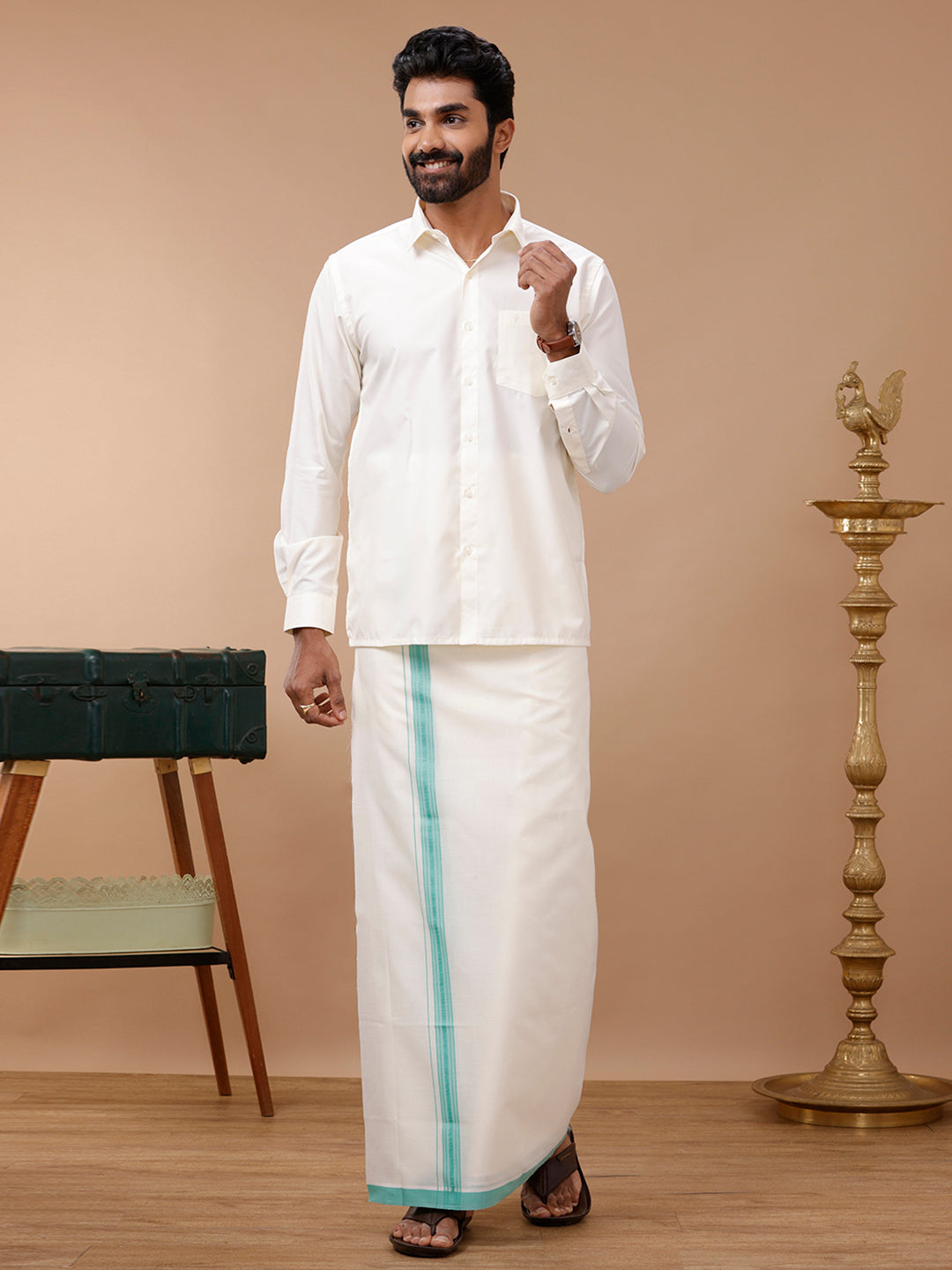 Men Green Border Kora Double Layer Dhoti Terra Kora Fancy