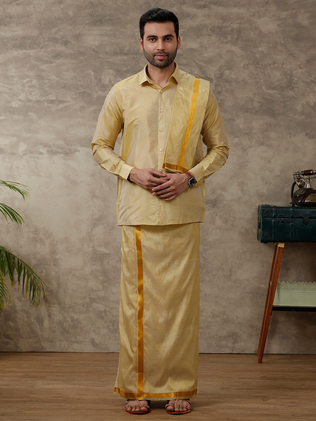 Mens Art Silk Gold Shirt & Dhoti Towel Set Swayamvara