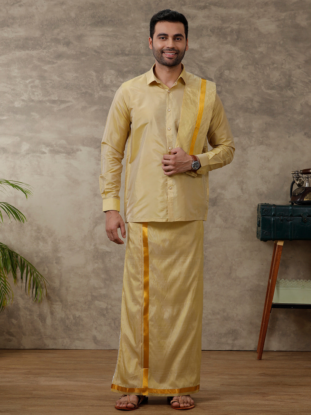 Mens Art Silk Gold Shirt & Dhoti Towel Set Swayamvara