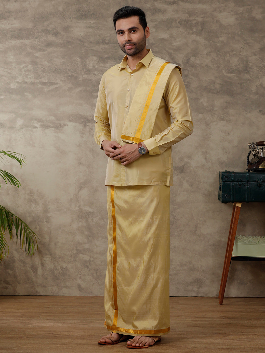 Mens Art Silk Gold Shirt & Dhoti Towel Set Swayamvara