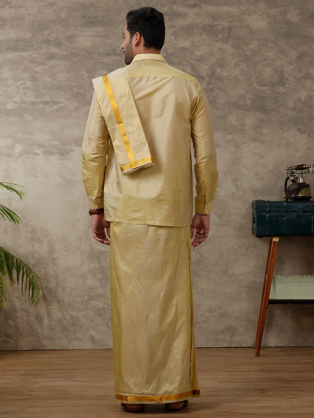 Mens Art Silk Gold Shirt & Dhoti Towel Set Swayamvara