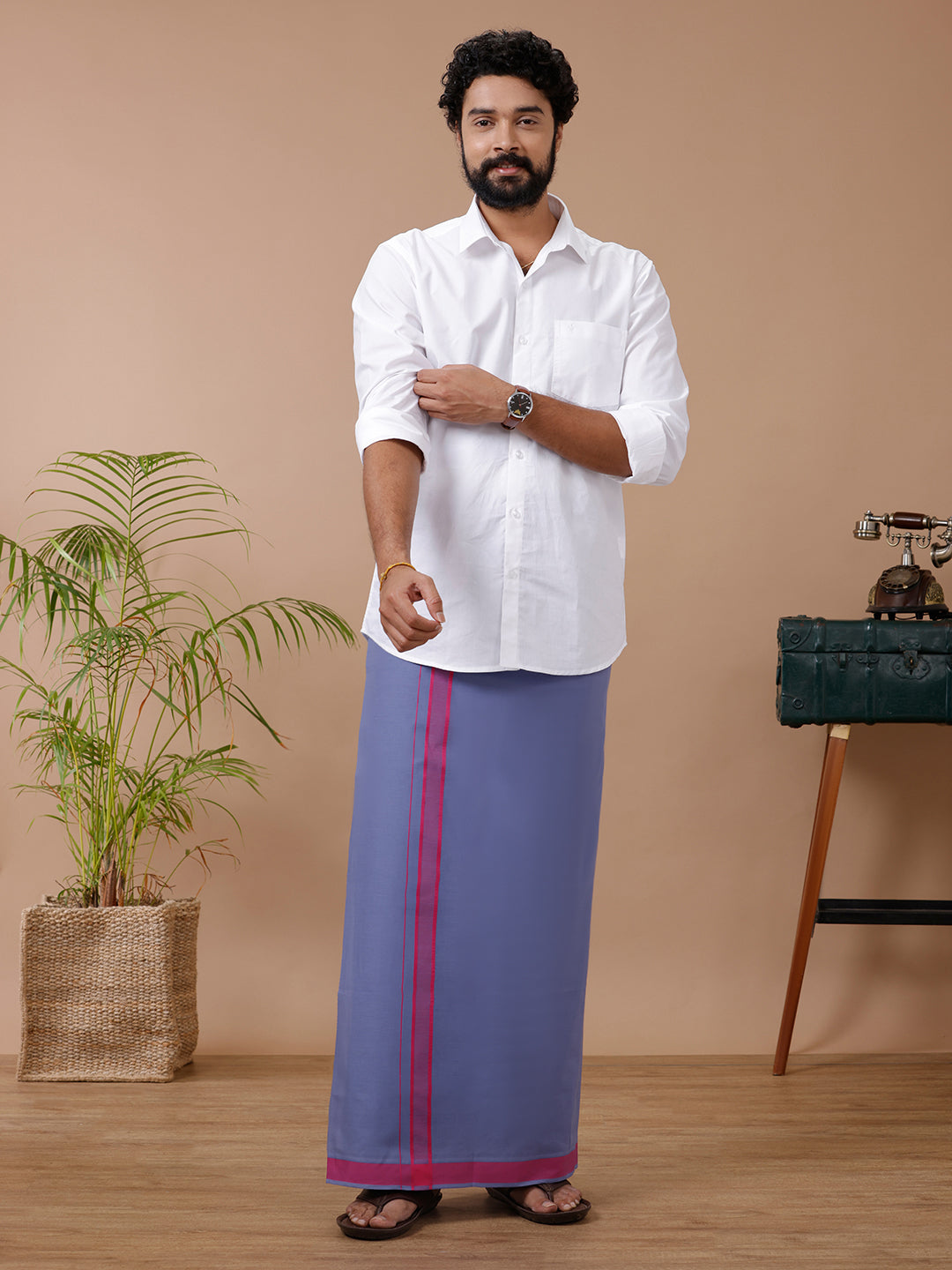 Mens White Shirt with Blue Dhoti Combo