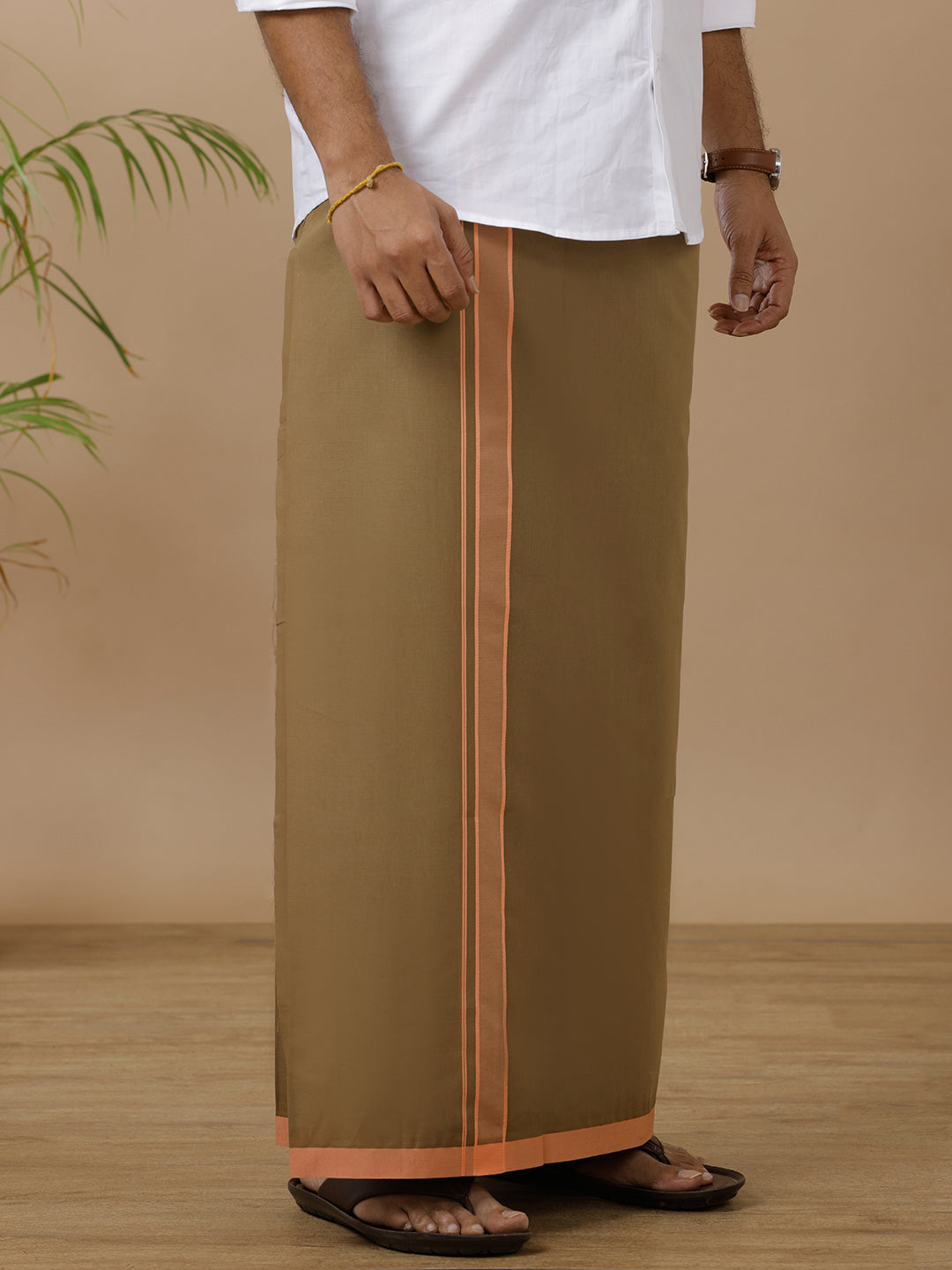 Men Assorted Fancy Border Dhoti Brown Ahimsa Tobacco