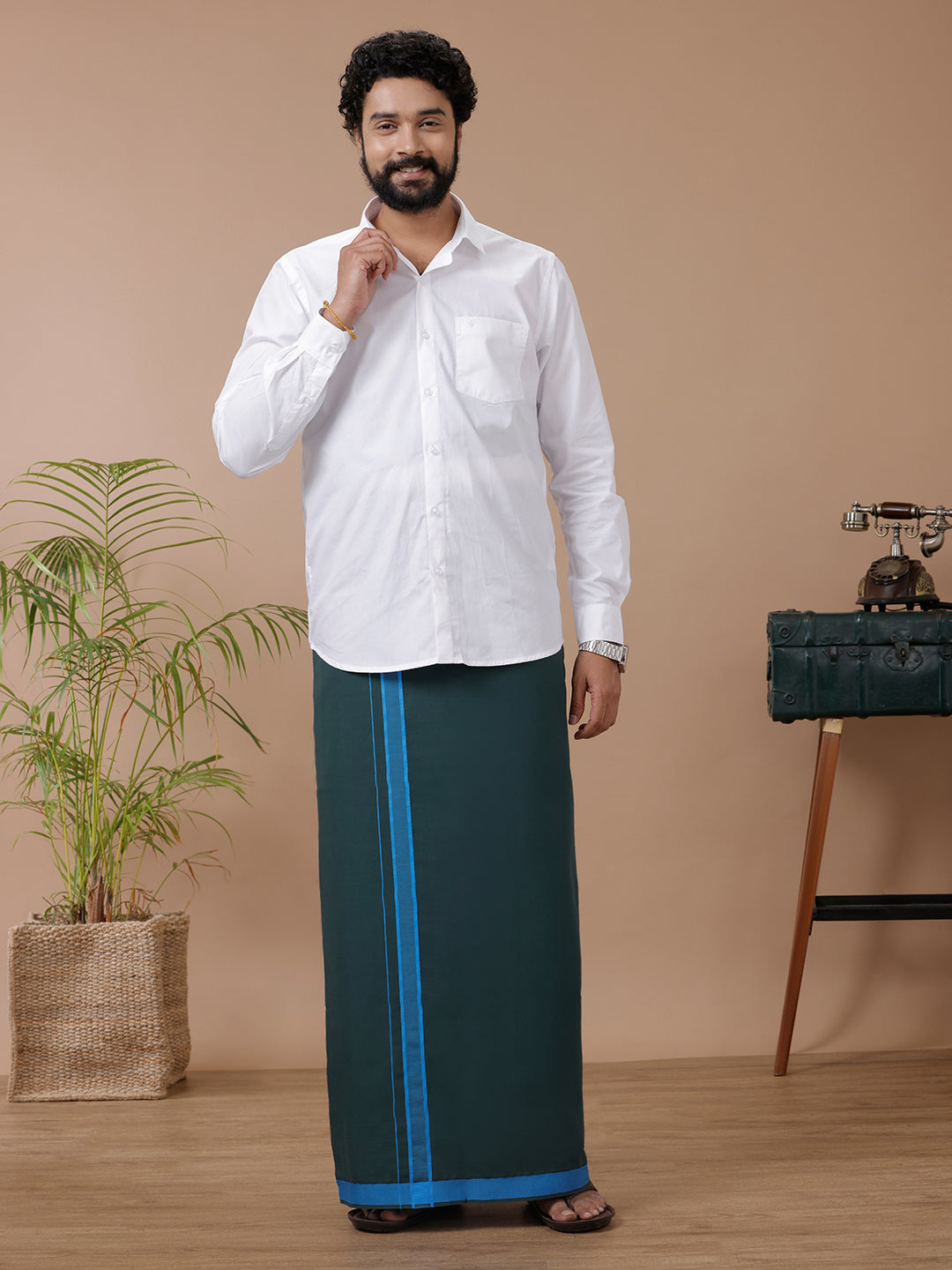 Men Assorted Fancy Border Dhoti Ahimsa Bottle Green