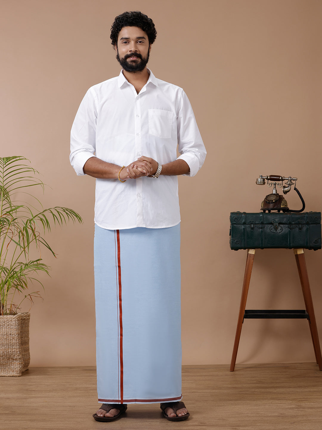 Men Assorted Fancy Border Dhoti Blue Yogi BB4