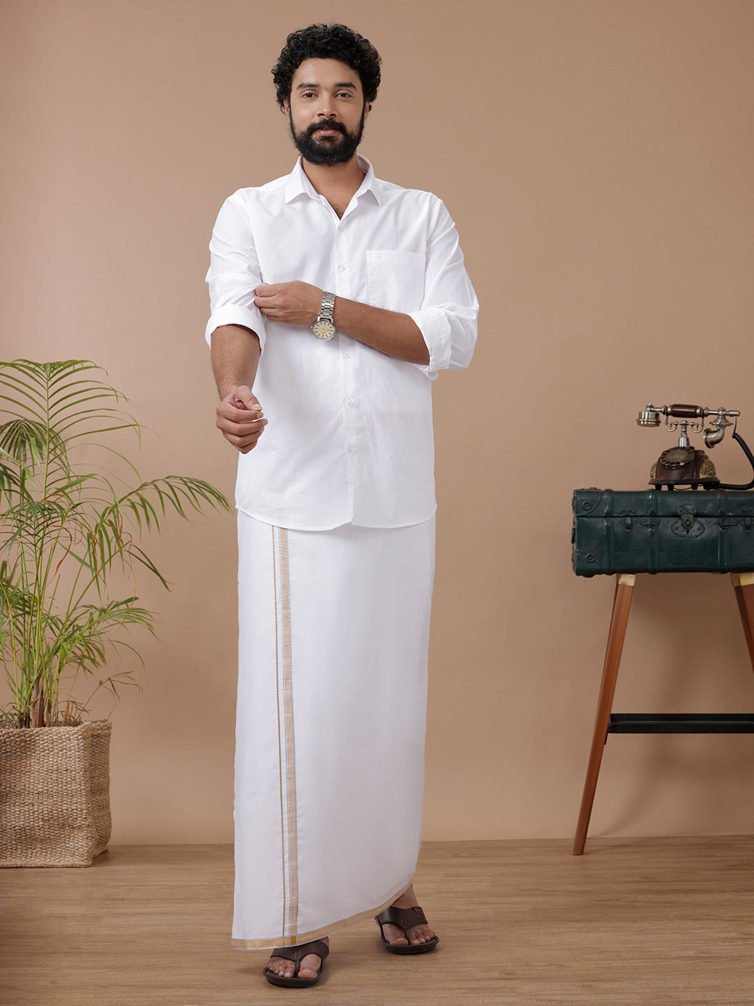 Men Silver Fancy Border Single Dhoti HS04