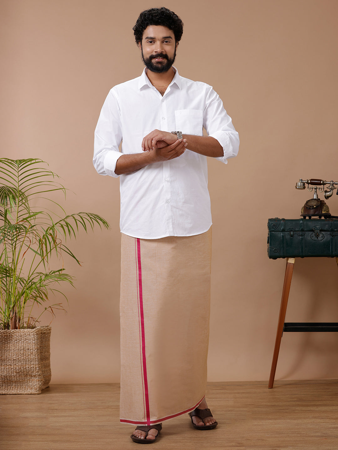 Men Assorted Fancy Border Dhoti Light Kavi Yogi BB3