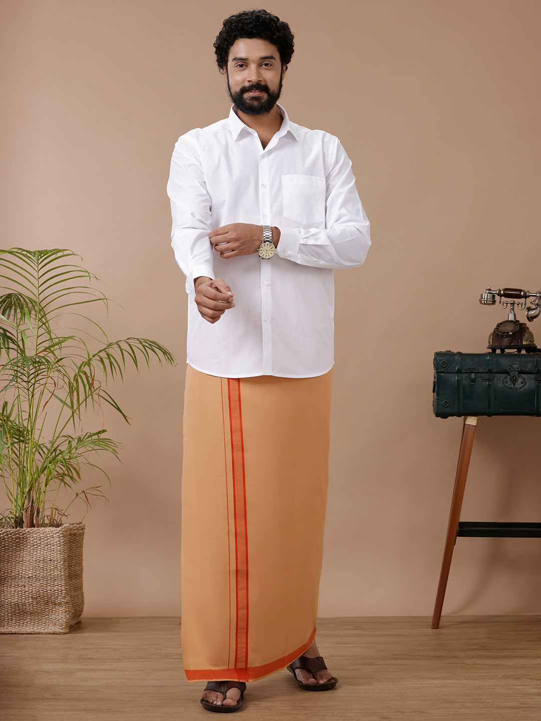 Mens White Shirt with Kavi Dhoti Combo