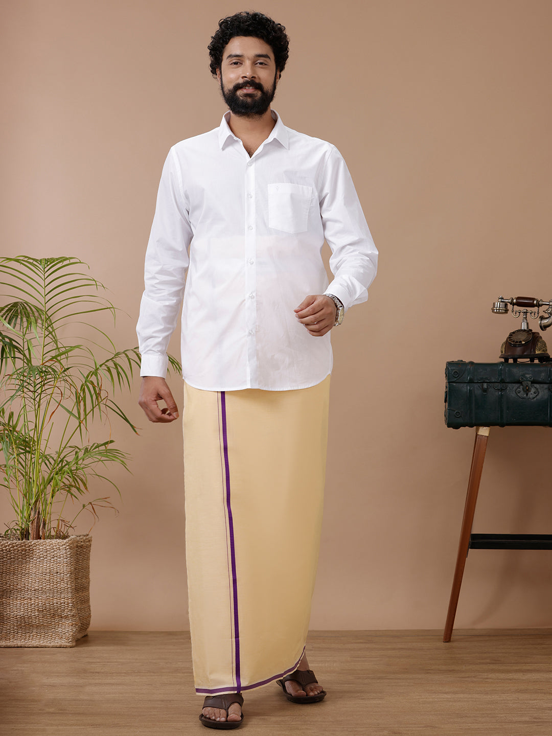 Men Assorted Fancy Border Dhoti Light Kavi Yogi BB2