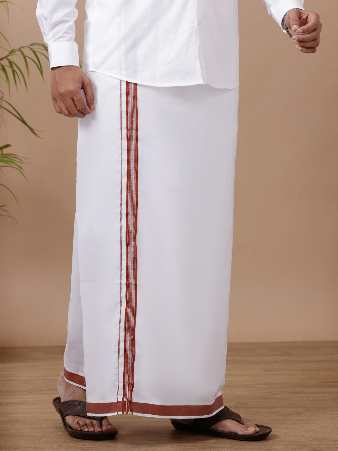 Men White with Maroon Fancy Border Single Layer Dhoti WSF04