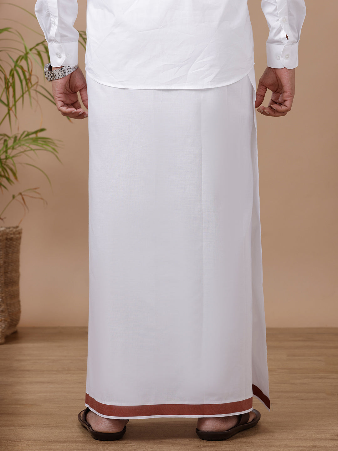 Men White with Maroon Fancy Border Single Layer Dhoti WSF04