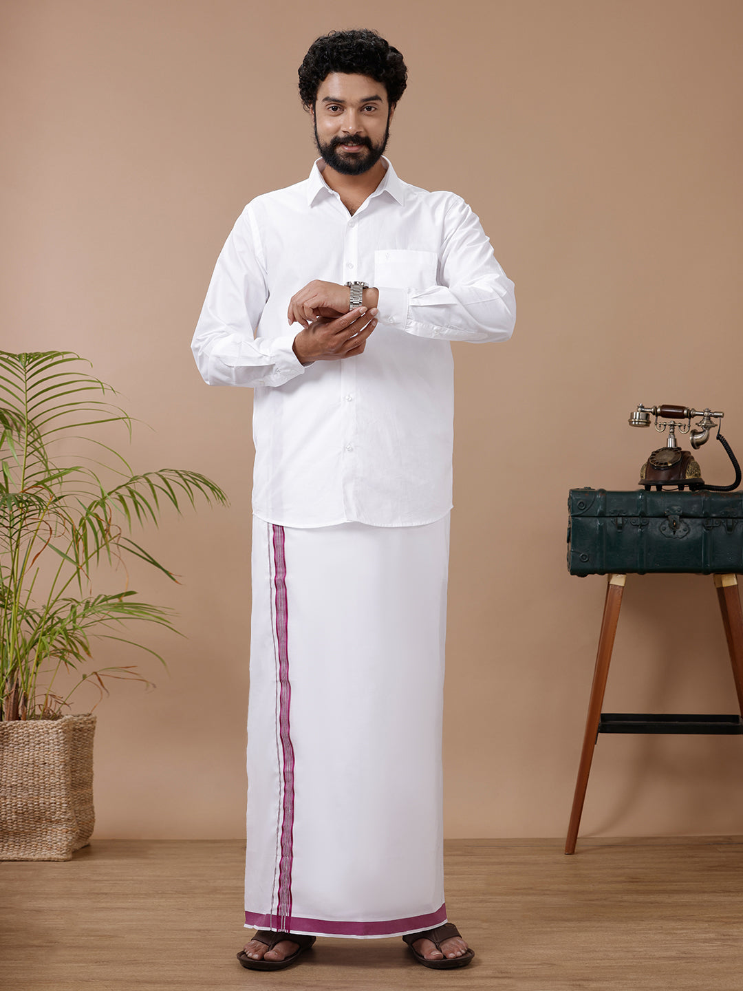 Men White with Purple Fancy Border Single Layer Dhoti WSF03