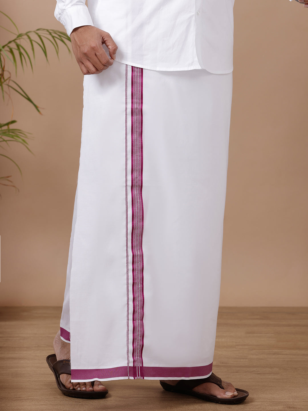 Men White with Purple Fancy Border Single Layer Dhoti WSF03