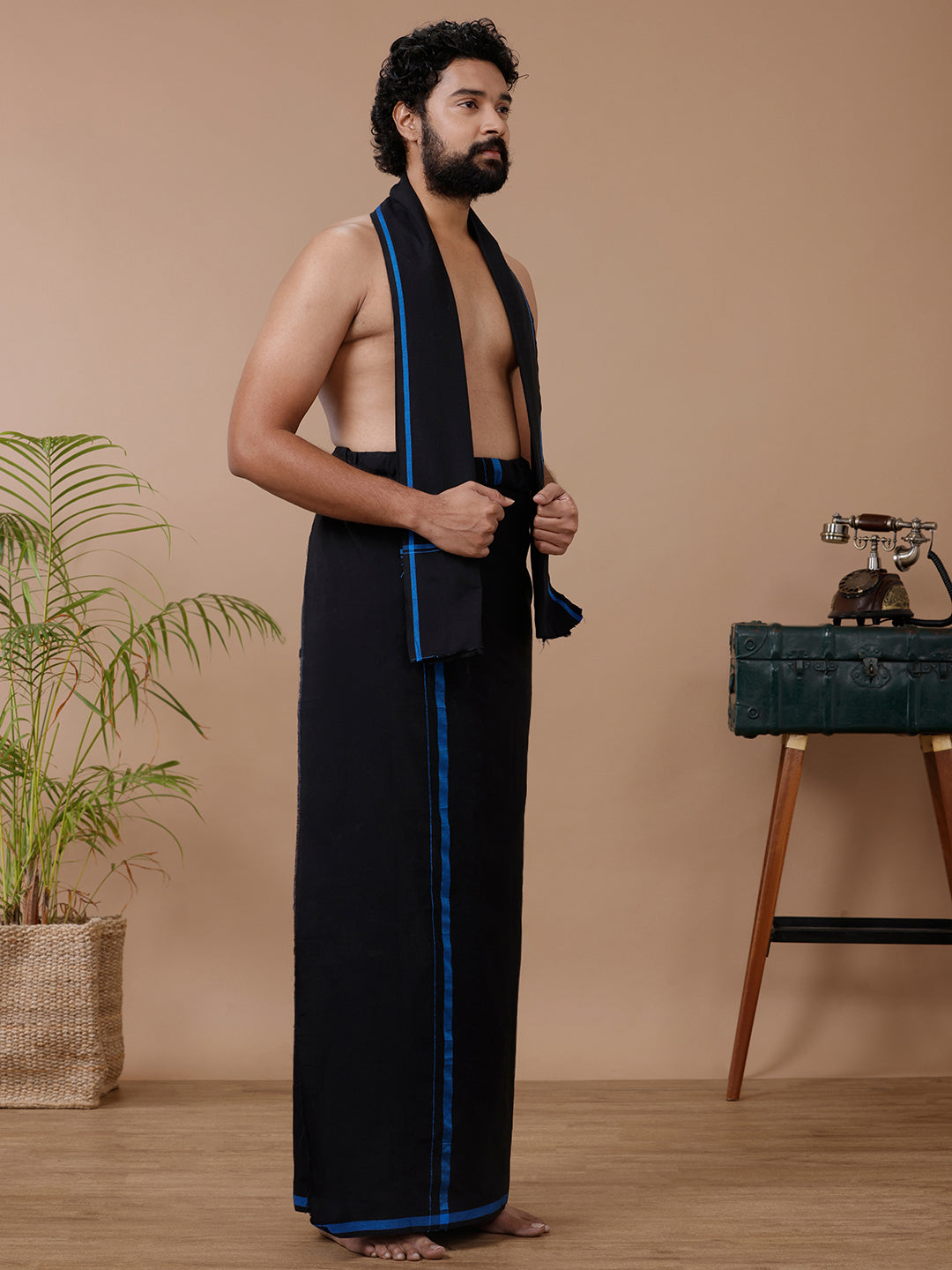 Men Cotton Blend Single Layer Black Dhoti & Towel Set with Blue Big Border Sukran