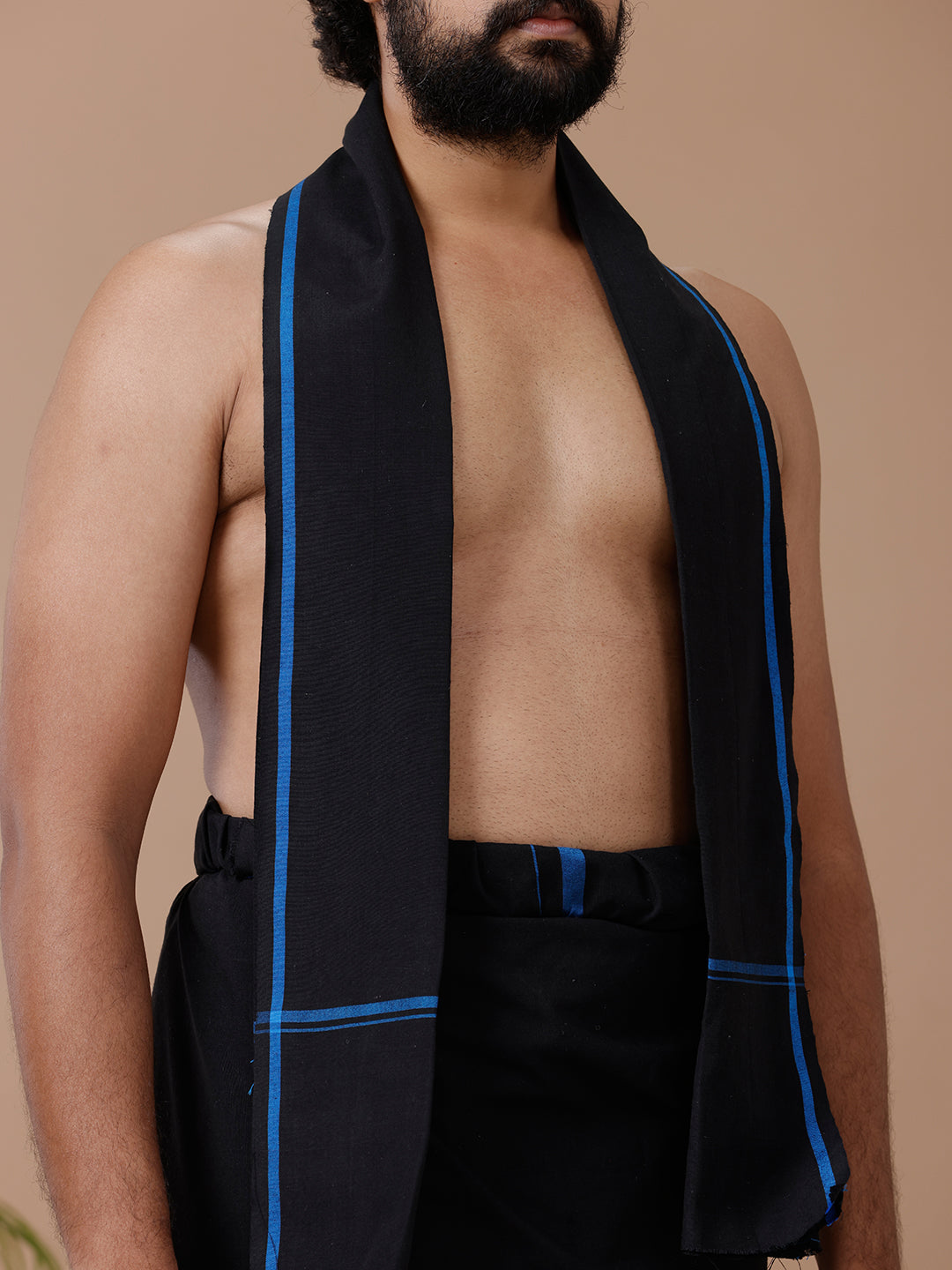 Men Cotton Blend Single Layer Black Dhoti & Towel Set with Blue Big Border Sukran