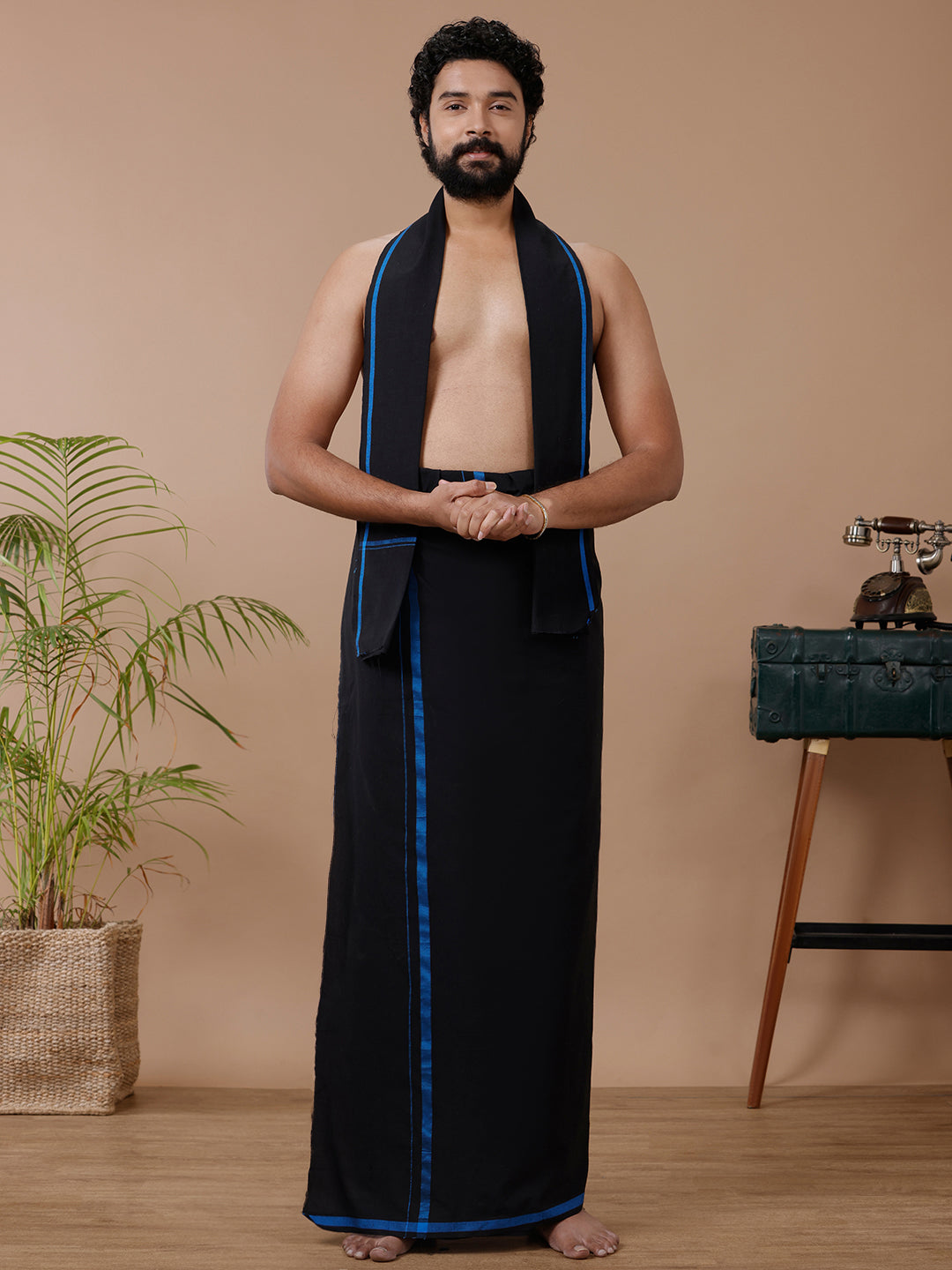 Men Cotton Blend Single Layer Black Dhoti & Towel Set with Blue Big Border Sukran
