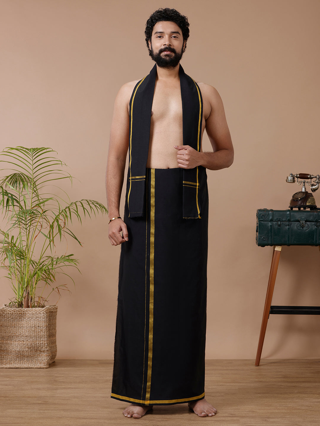 Men Cotton Blend Single Layer Black Dhoti & Towel Set with Yellow Big Border Sukran