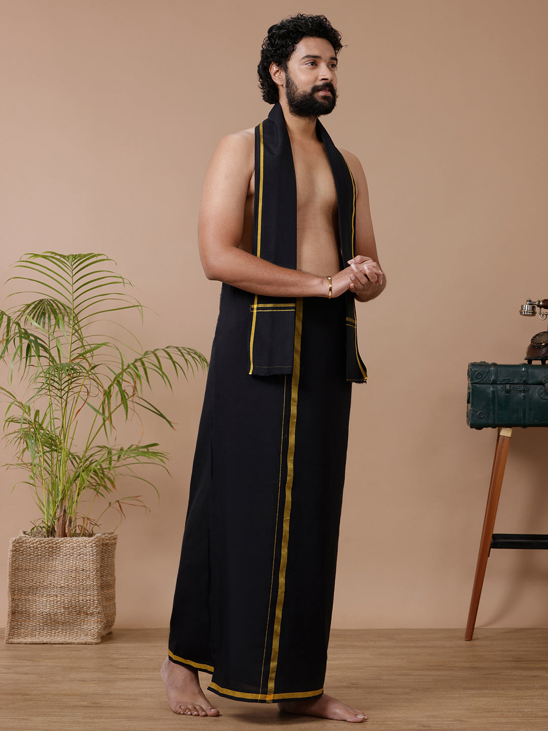 Men Cotton Blend Single Layer Black Dhoti & Towel Set with Yellow Big Border Sukran