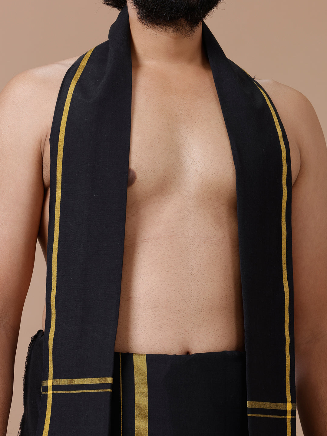 Men Cotton Blend Single Layer Black Dhoti & Towel Set with Yellow Big Border Sukran
