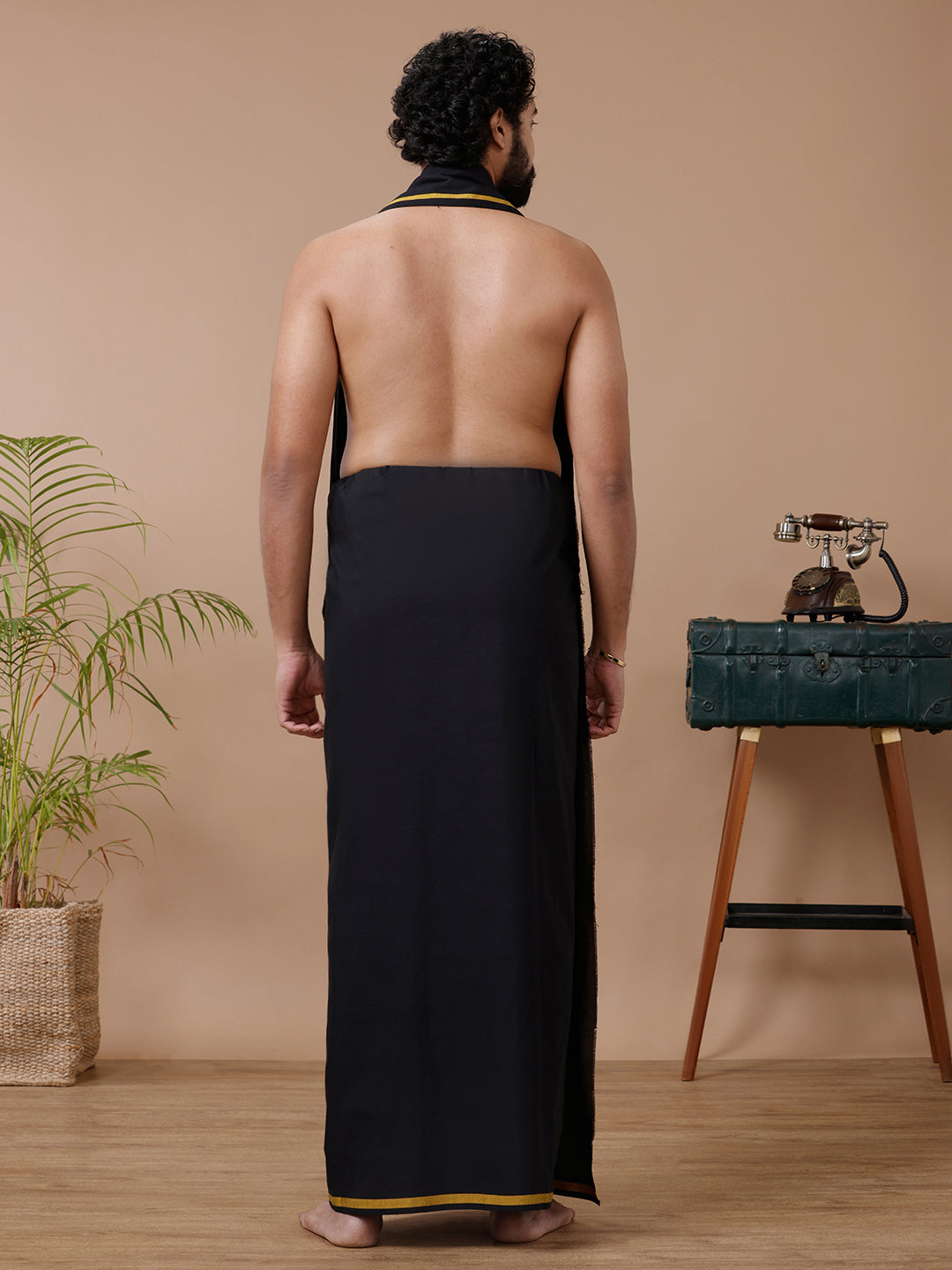 Men Cotton Blend Single Layer Black Dhoti & Towel Set with Yellow Big Border Sukran