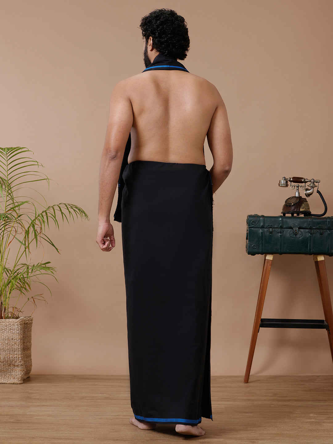Men Cotton Blend Single Layer Black Dhoti & Towel Set with Blue Big Border Sukran