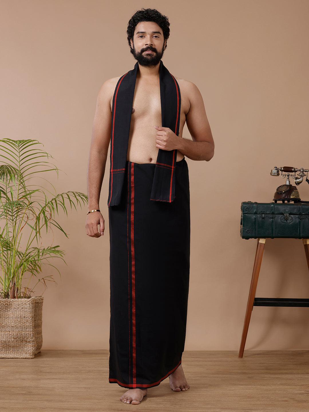Men Cotton Blend Single Layer Black Dhoti & Towel Set with Red Big Border Sukran