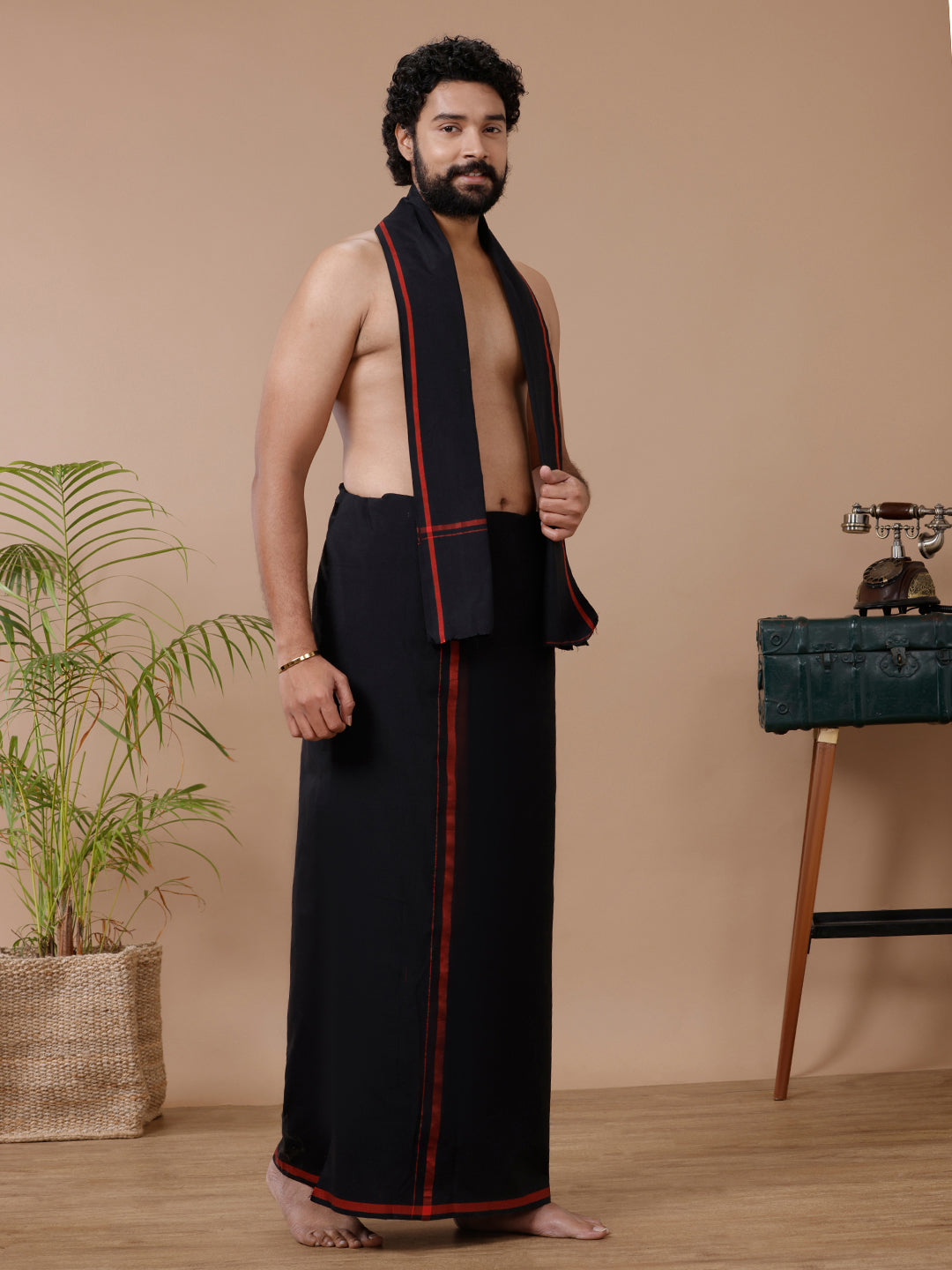 Men Cotton Blend Single Layer Black Dhoti & Towel Set with Red Big Border Sukran
