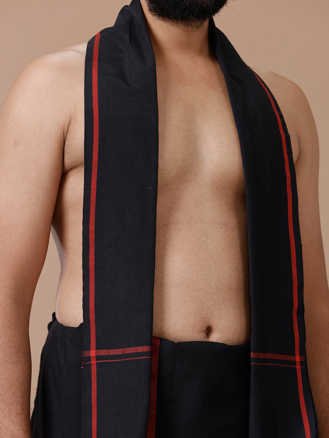 Men Cotton Blend Single Layer Black Dhoti & Towel Set with Red Big Border Sukran