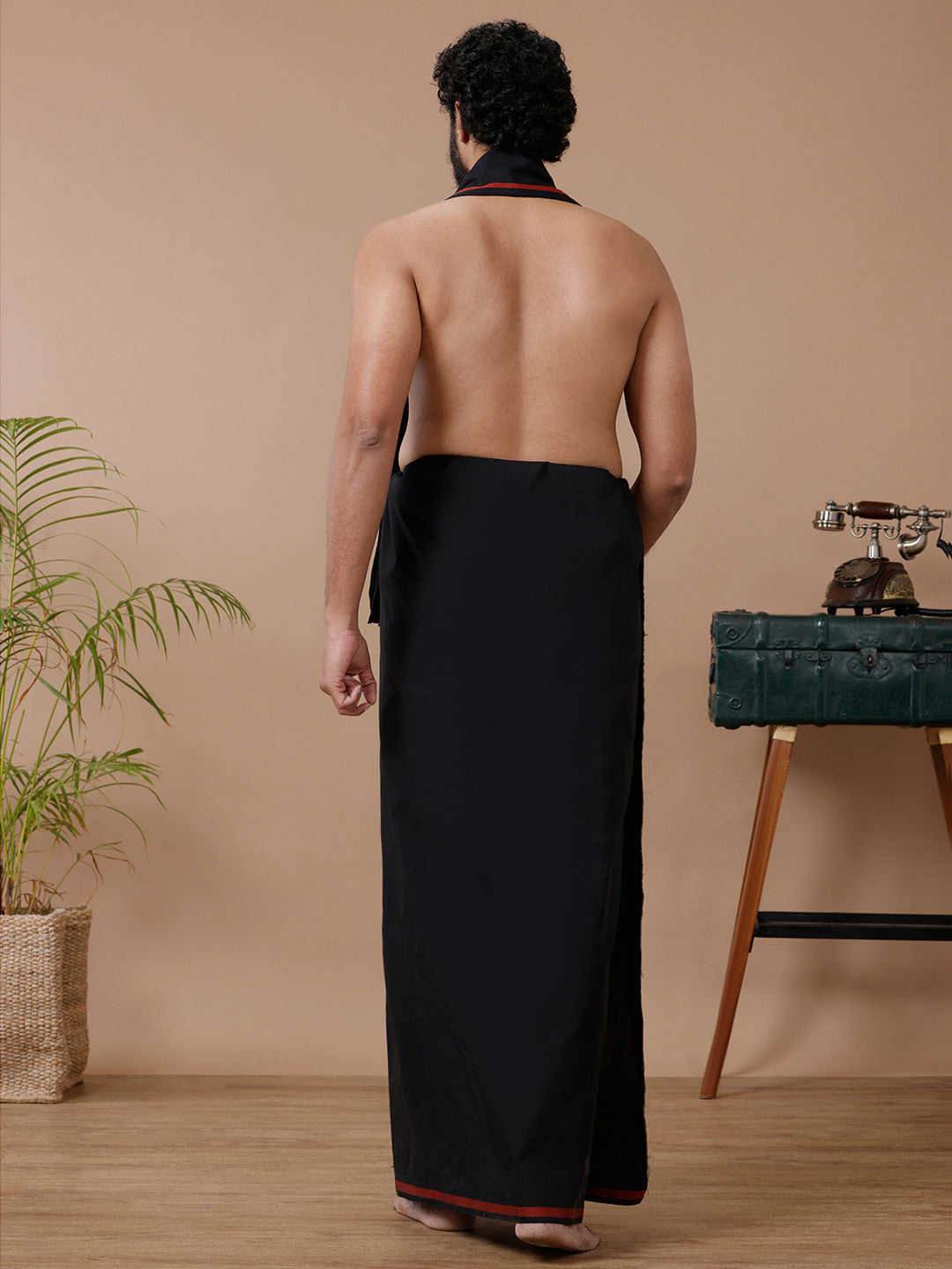 Men Cotton Blend Single Layer Black Dhoti & Towel Set with Red Big Border Sukran