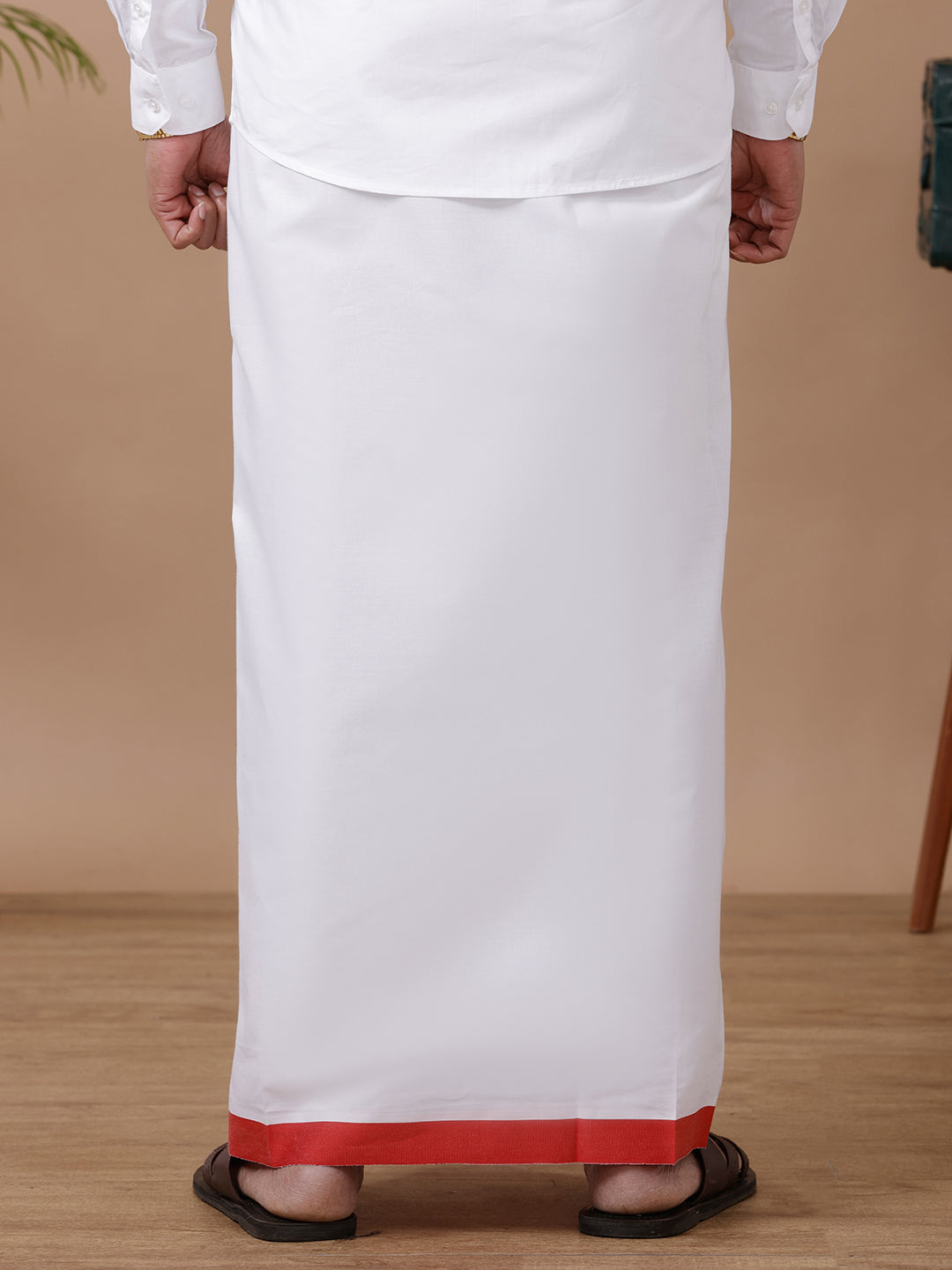 Men White with Red Fancy Jari Border Single Layer Dhoti GR03