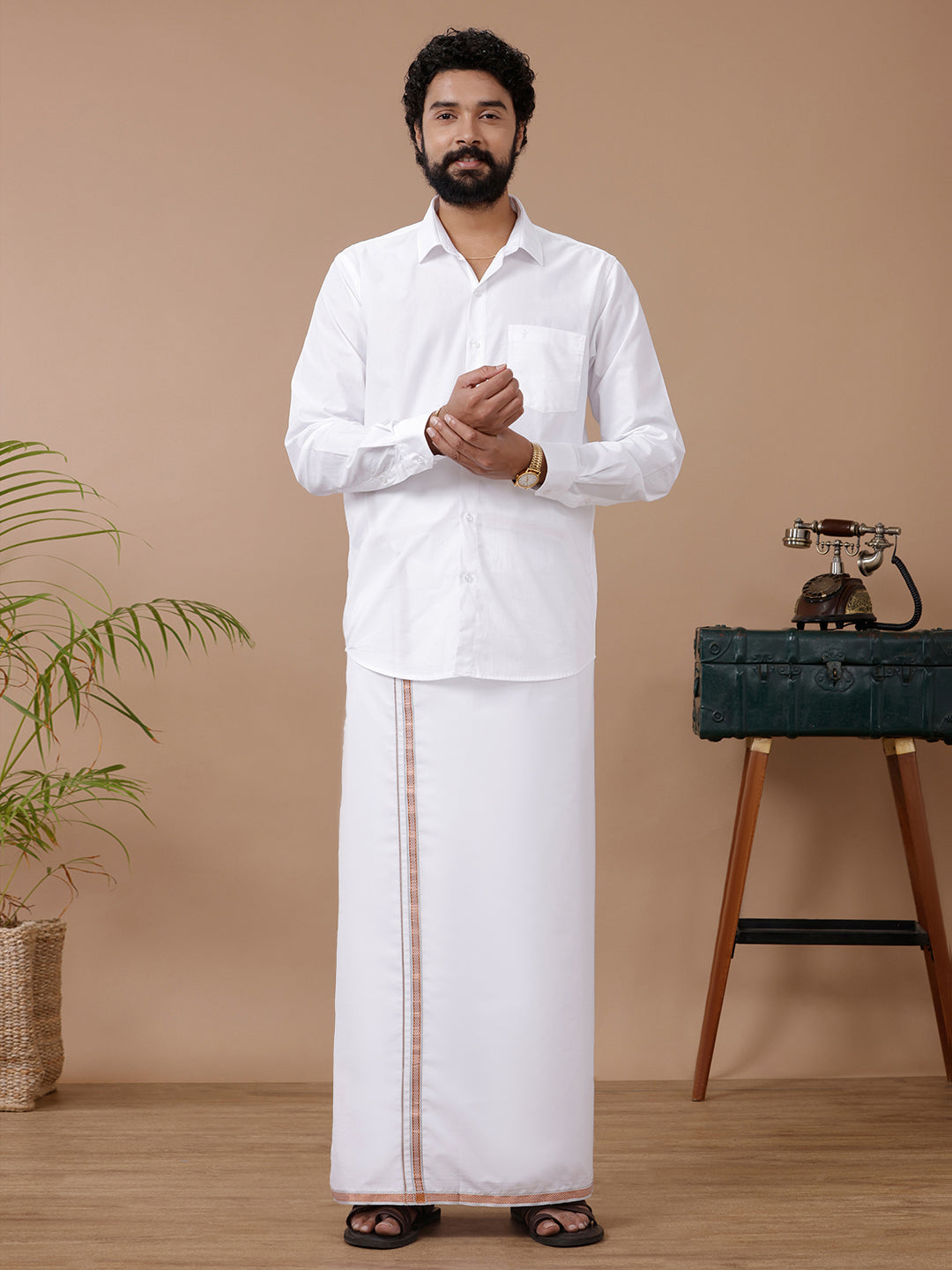 Men White with Copper Fancy Jari Border Single Layer Dhoti HS02