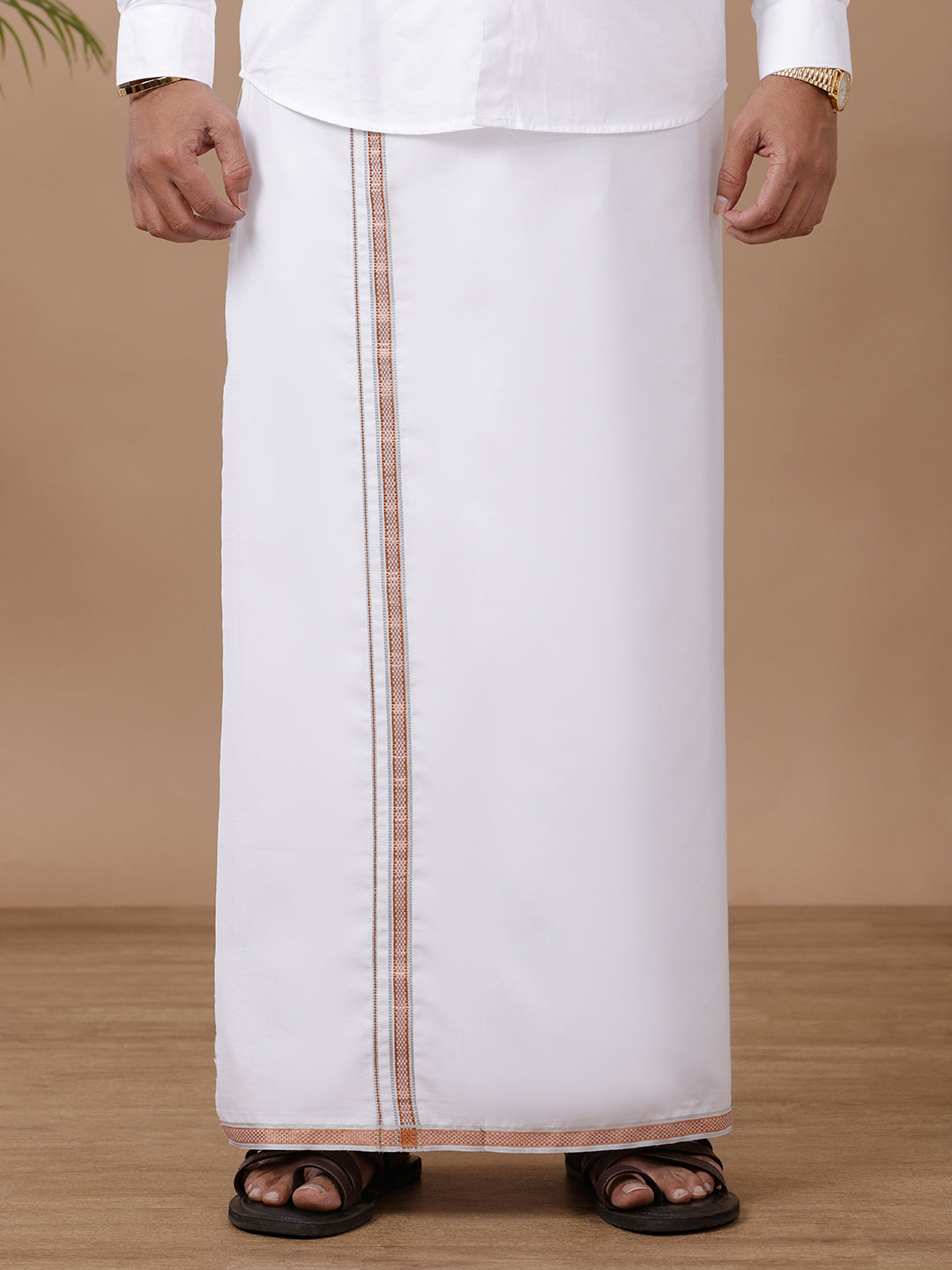 Men White with Copper Fancy Jari Border Single Layer Dhoti HS02