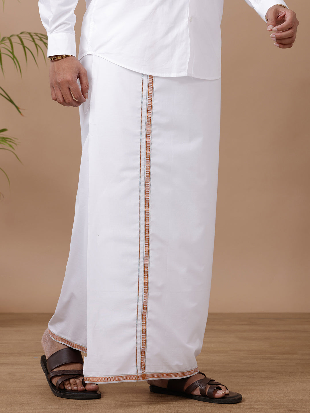 Men White with Copper Fancy Jari Border Single Layer Dhoti HS02