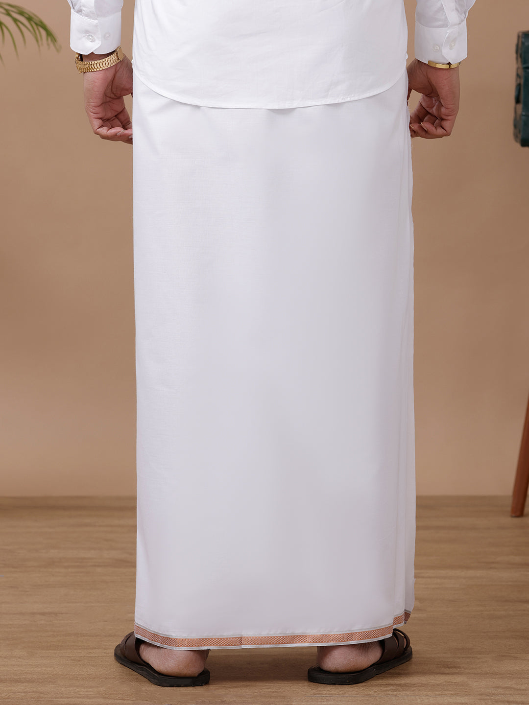 Men White with Copper Fancy Jari Border Single Layer Dhoti HS02