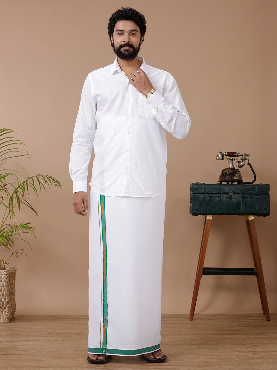 Men White with Green Fancy Jari Border Single Layer Dhoti WGF07