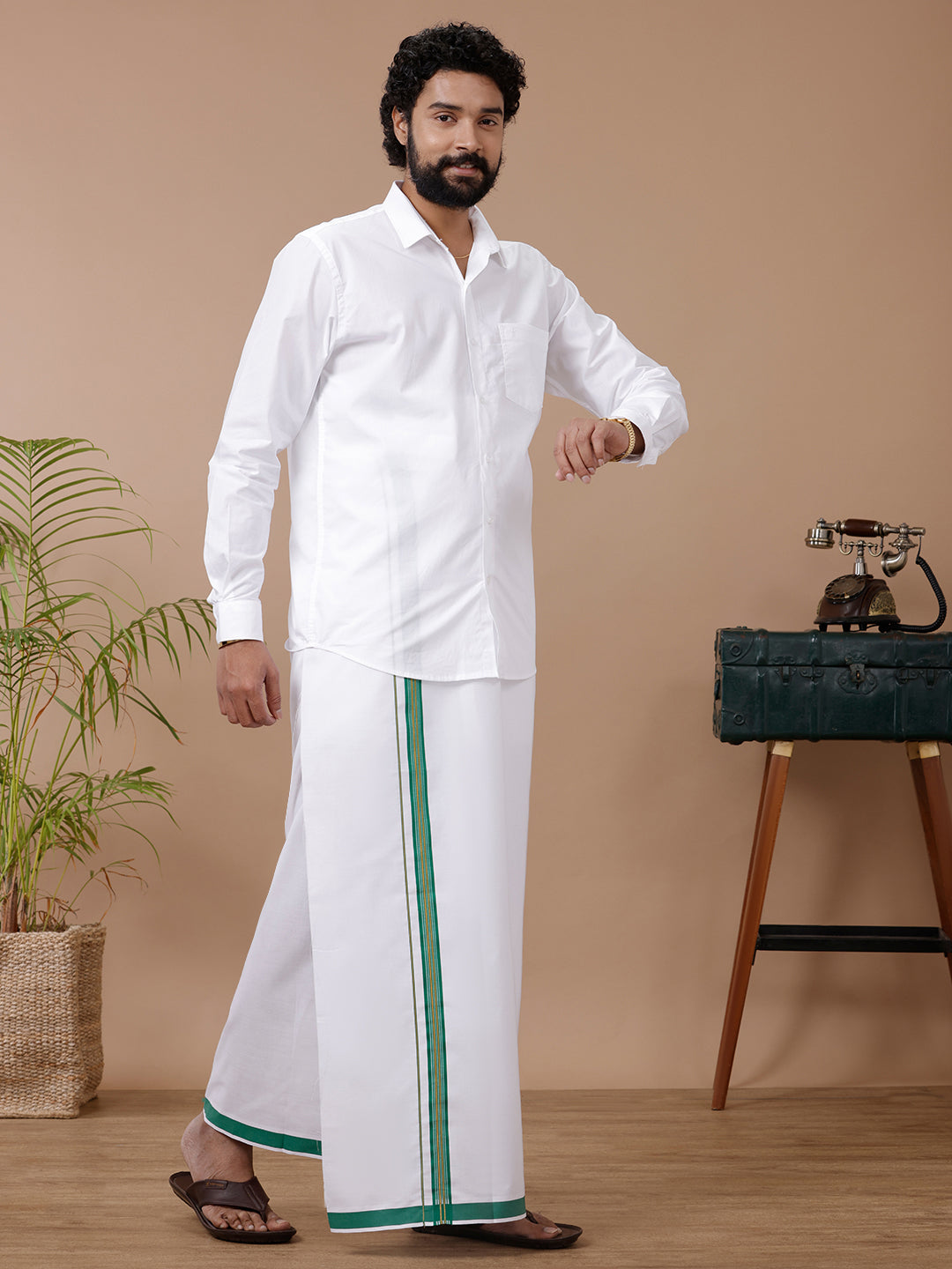 Men Green Fancy Jari Border Single Dhoti WGF07