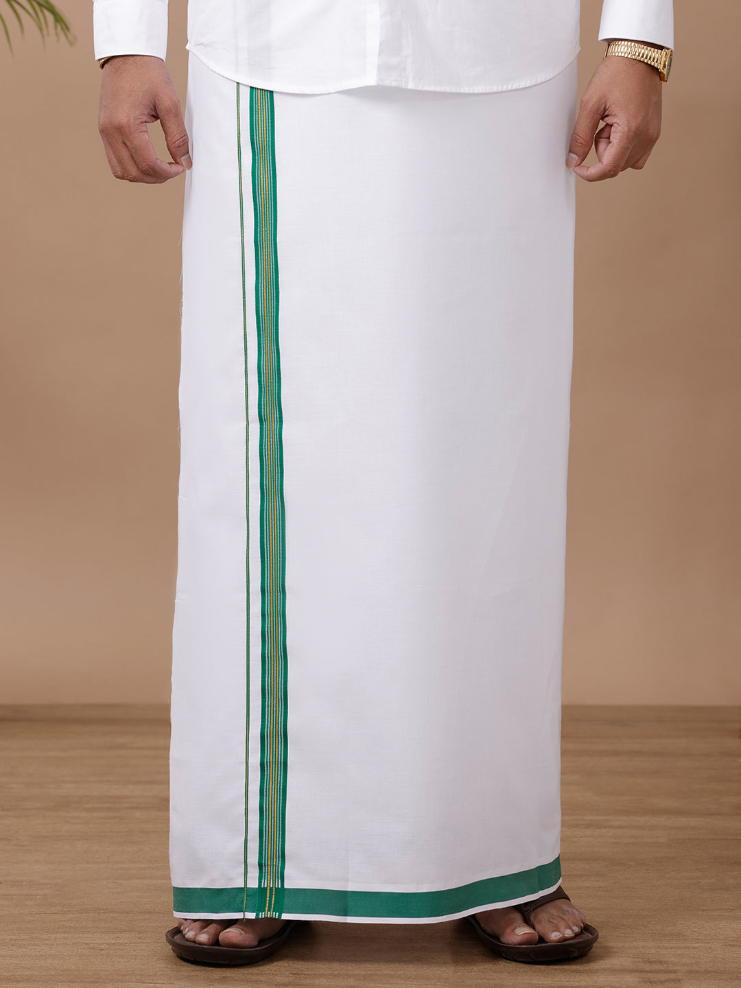 Men White with Green Fancy Jari Border Single Layer Dhoti WGF07