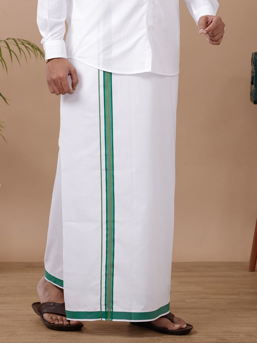 Men White with Green Fancy Jari Border Single Layer Dhoti WGF07