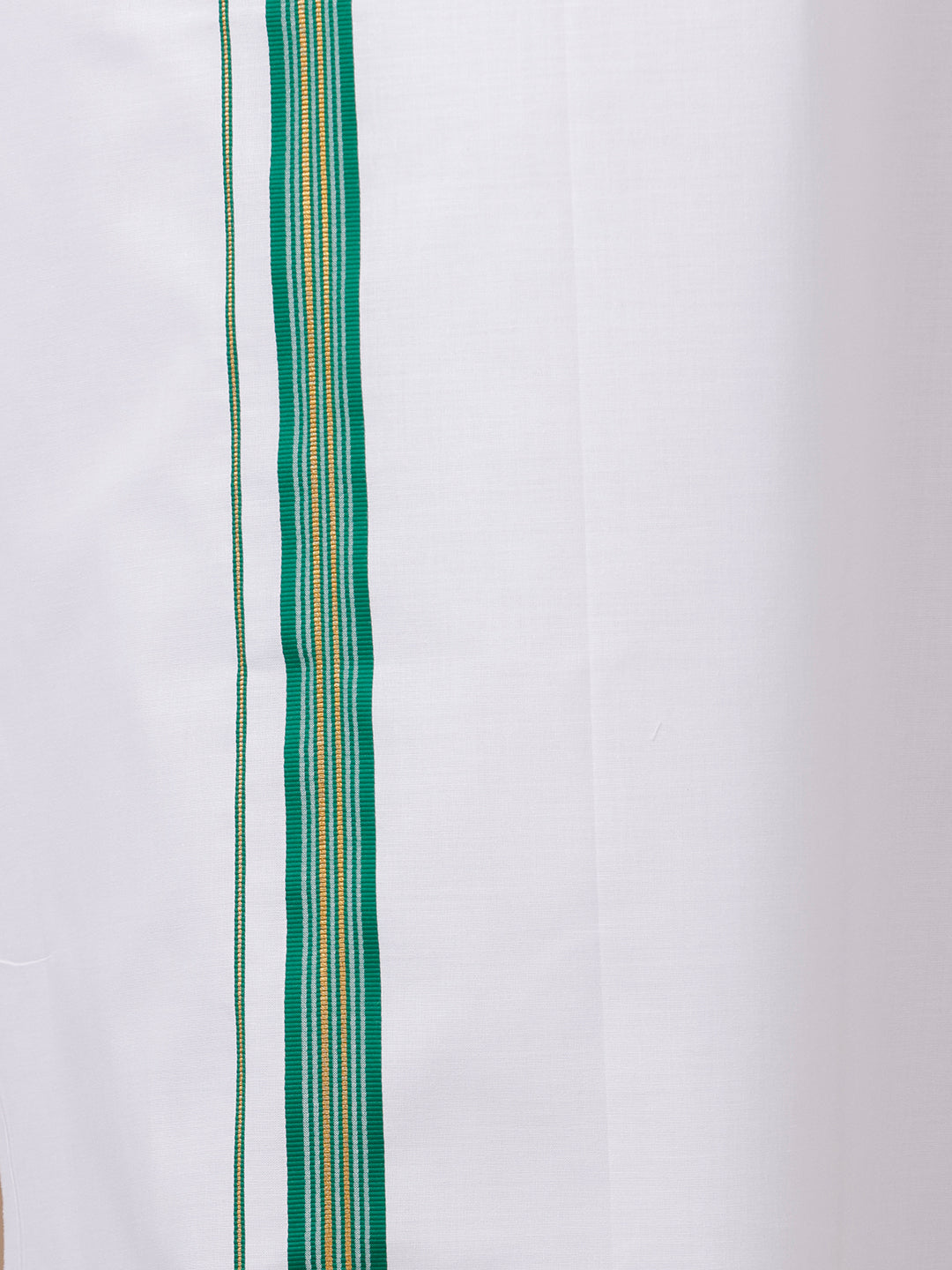 Men White with Green Fancy Jari Border Single Layer Dhoti WGF07