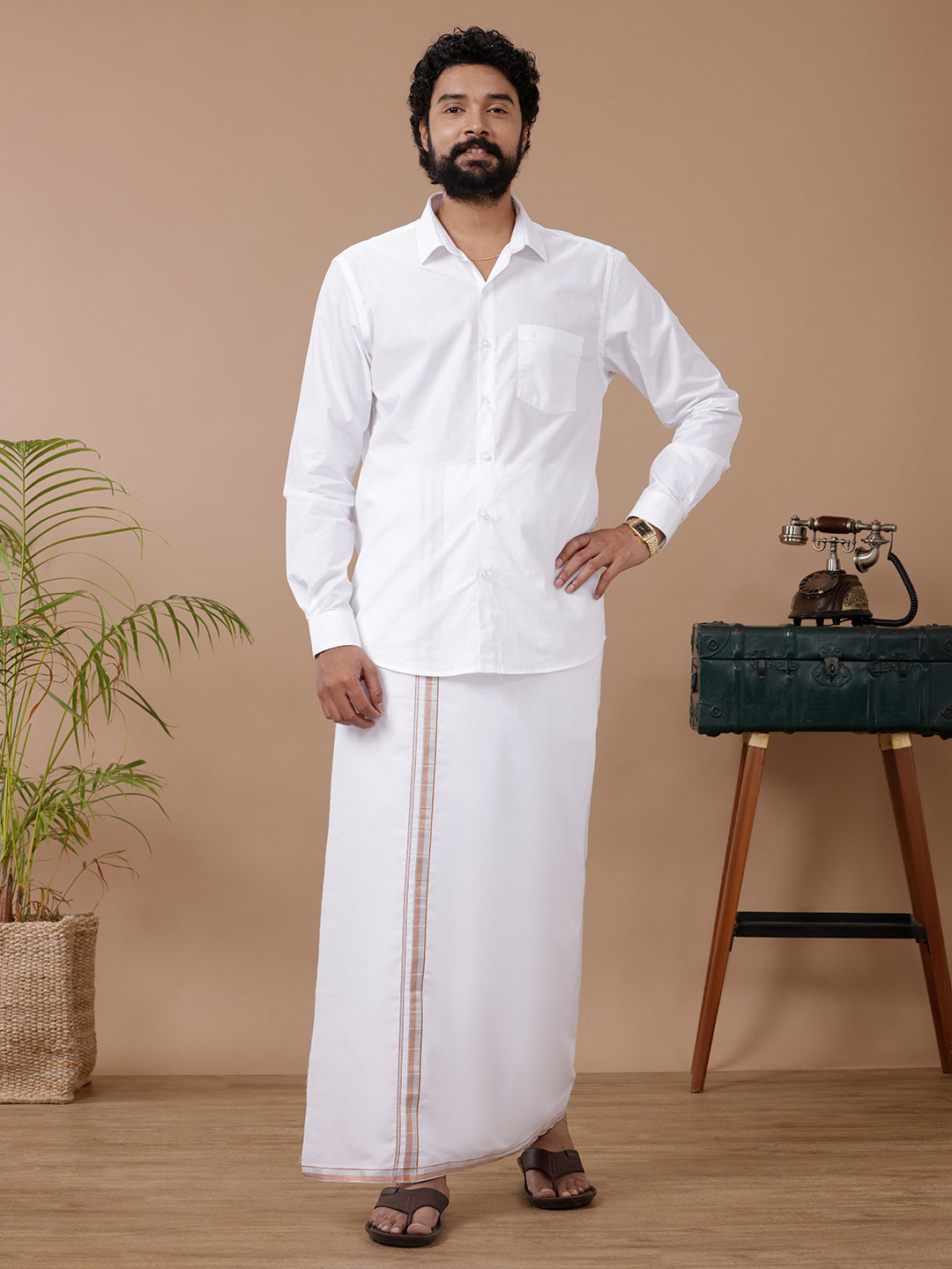 Men Silver Fancy Border Single Dhoti HS03