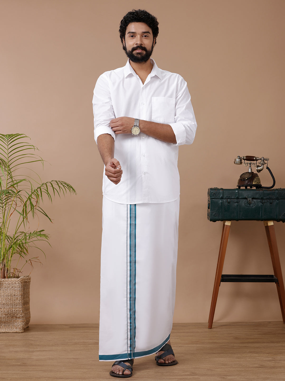 Men Silver Fancy Border Single Dhoti WSF01