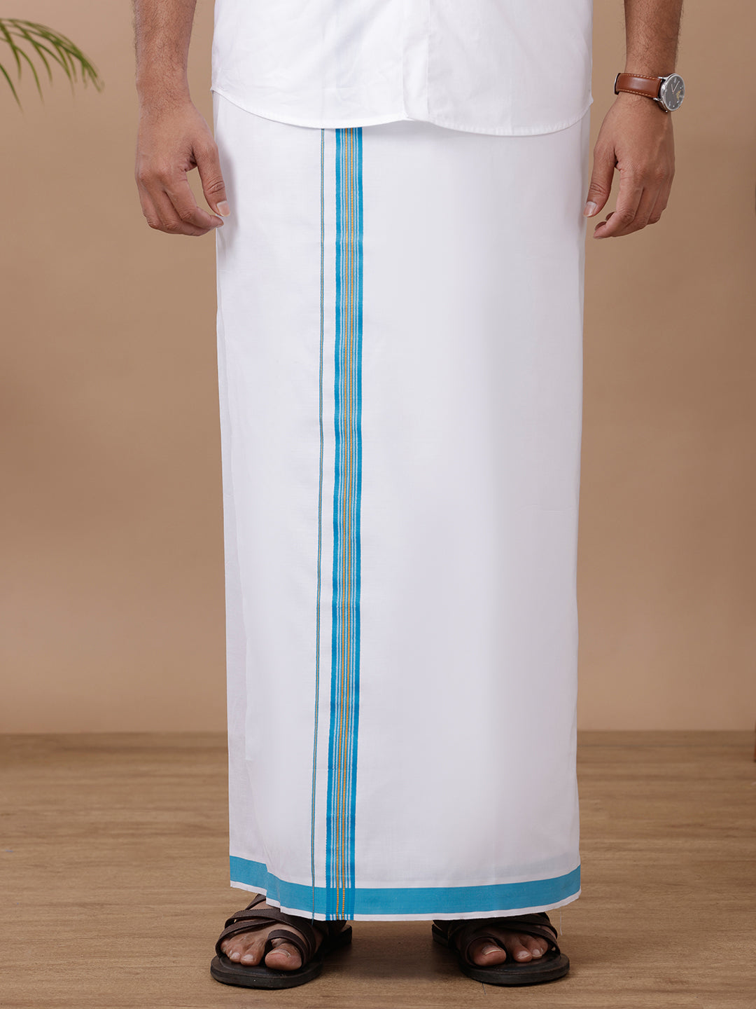 Men White with Blue Fancy Jari Border Single Layer Dhoti WGF06