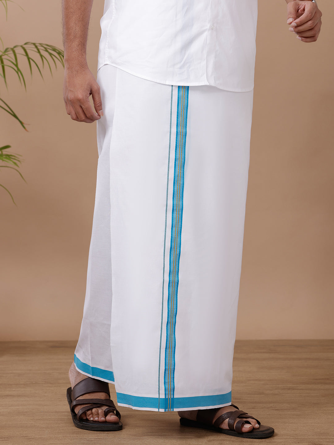 Men White with Blue Fancy Jari Border Single Layer Dhoti WGF06