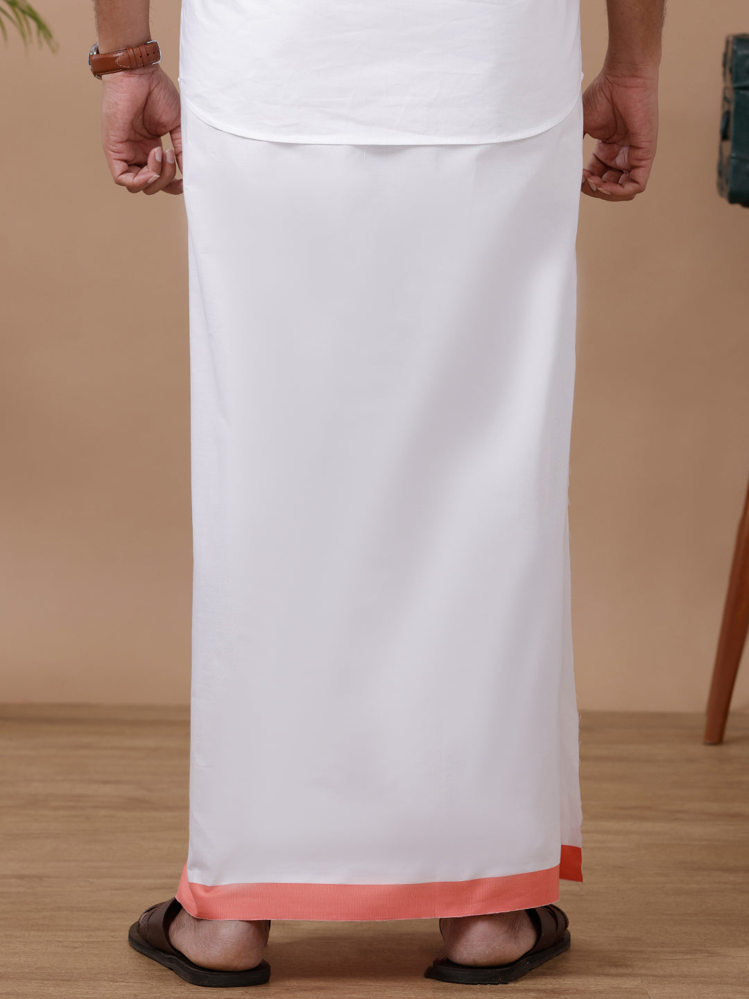 Men White with Pink Fancy Jari Border Single Layer Dhoti GR04