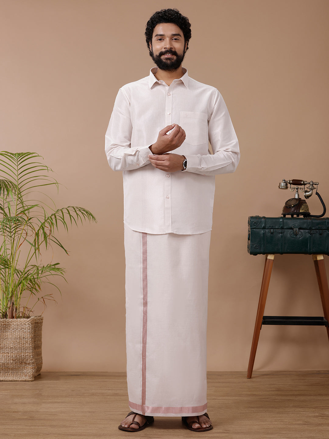 Mens Tissue Rose Gold Dhoti & Full Sleeves Shirt Set