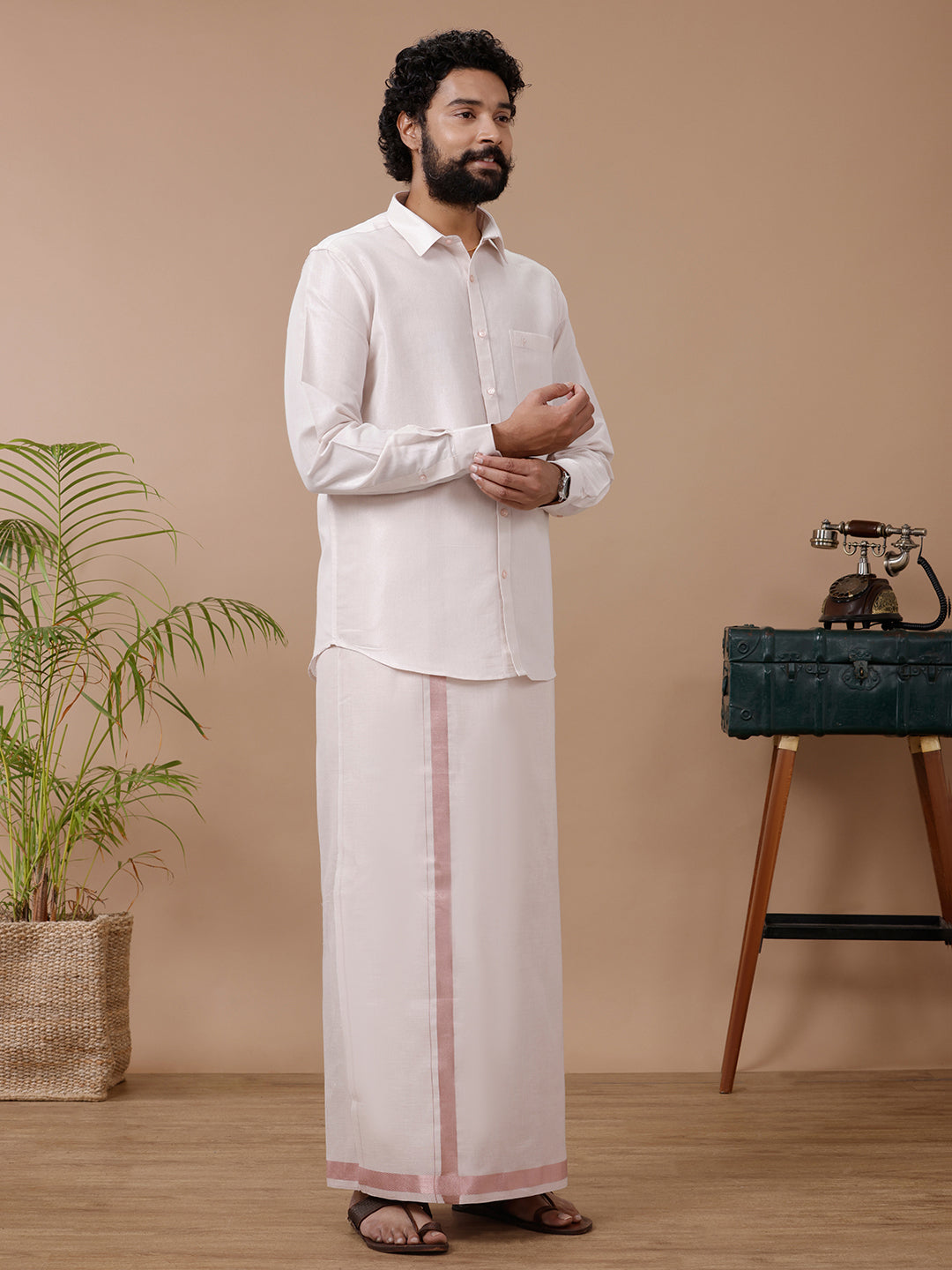 Mens Tissue Rose Gold Dhoti & Full Sleeves Shirt Set