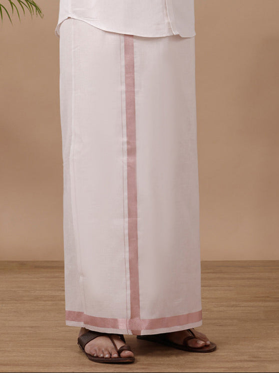 Men Tissue Readymade Single Layer Rose Gold Dhoti with Jari Border Viceroy